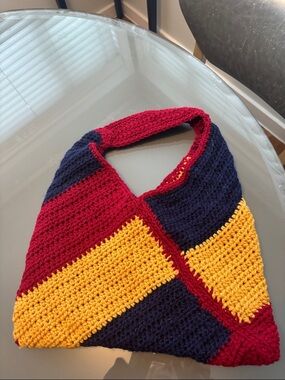 Handmade Crocheted Colorblock shoulder/hand bag - Red, Navy, Gold
